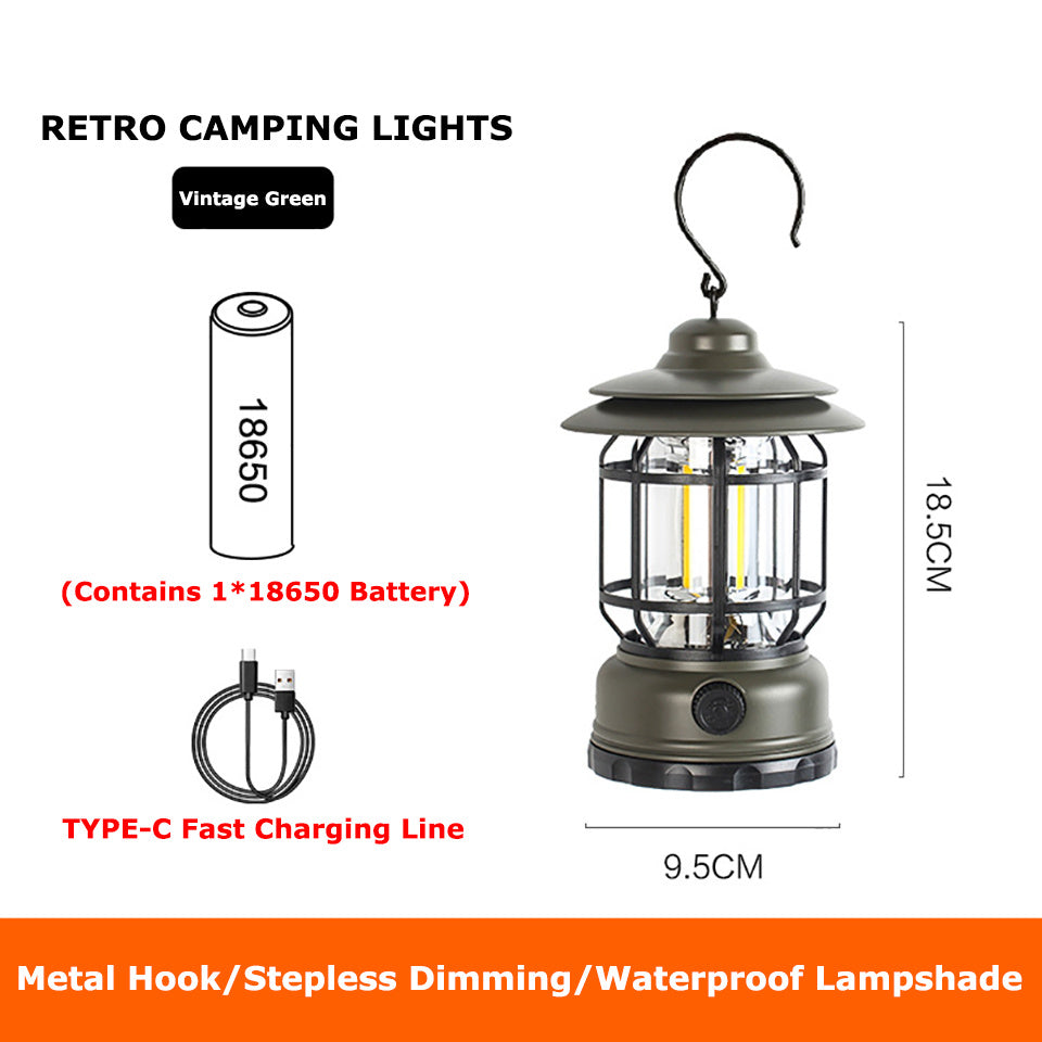 Portable Retro Camping Lantern Battery/USB Rechargeable Handle Flashlight