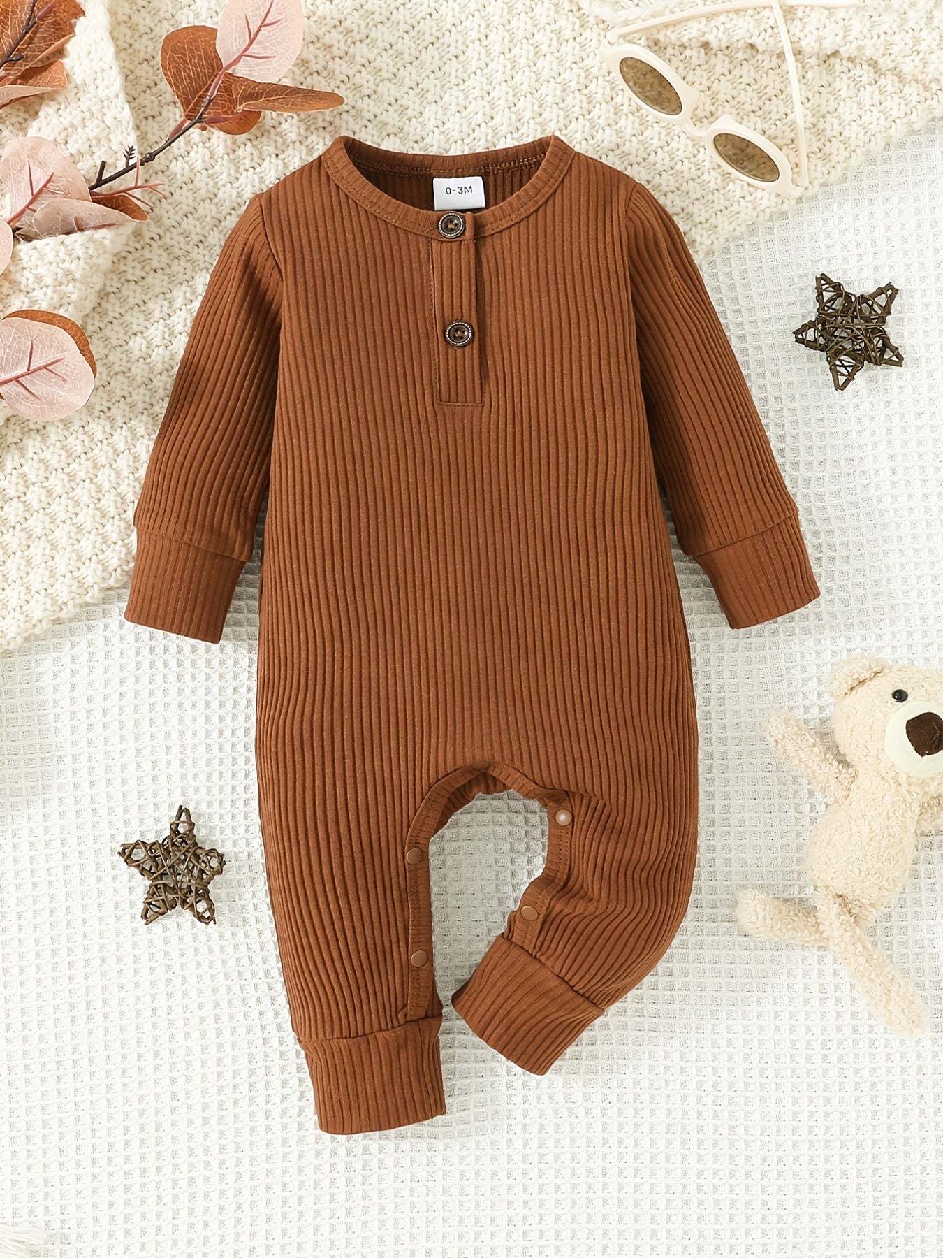 Newborn Baby Boys Knitted Romper, Casual Thermal Long Sleeve Button Down Jumpsuit For Winter, Dark Brown