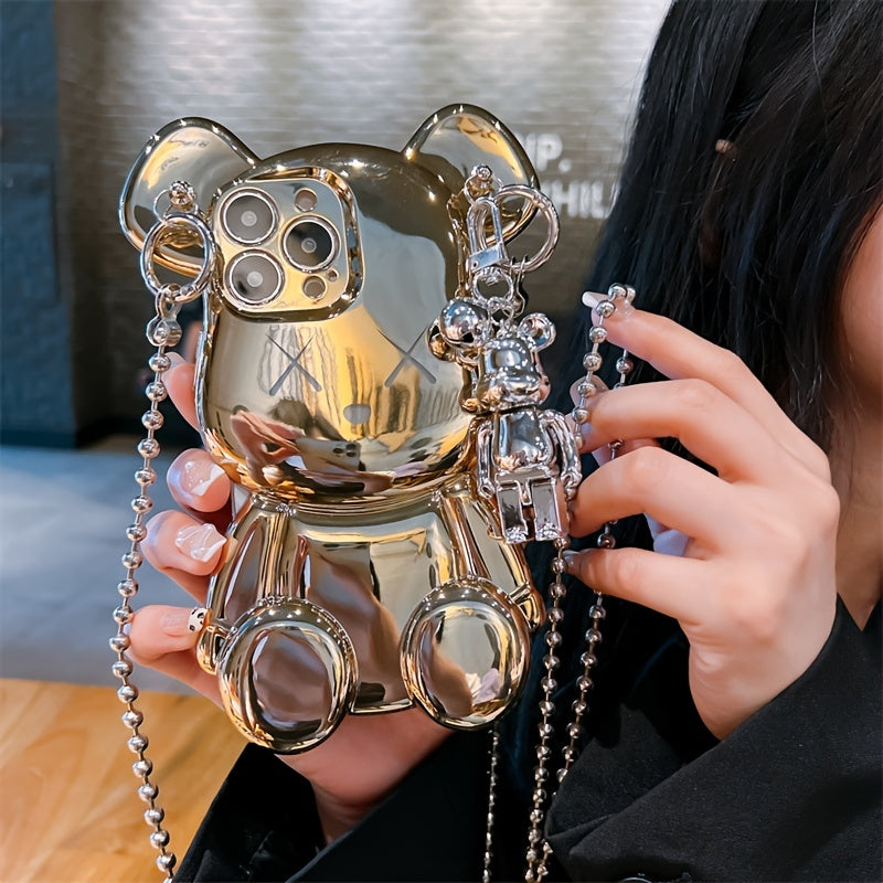 Cute 3D Cartoon Silver Goolden Teddy Bear Shaped Phone Case With Metal Chain Strap Bell Pendant