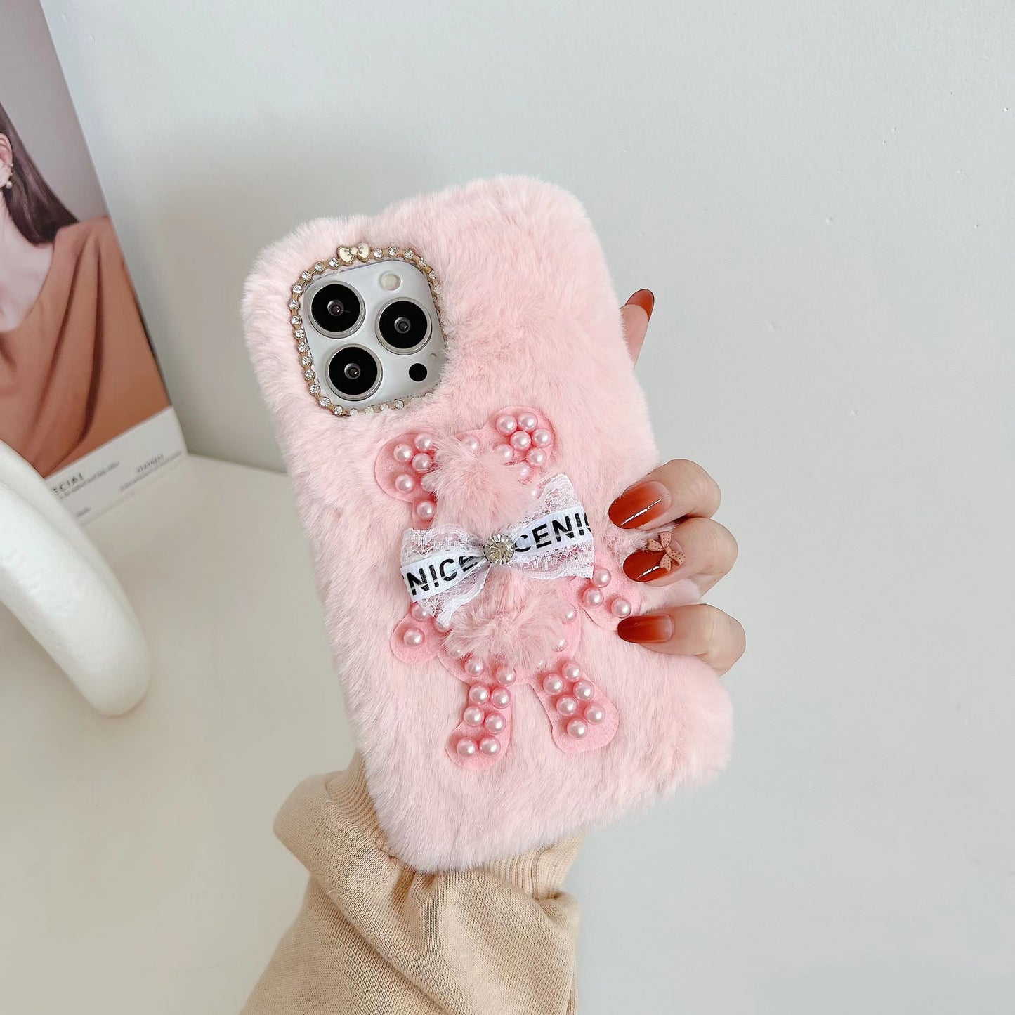 Grey Plush Furry Bowknot Bear Design Protective Mobile Phone Back Cover Case
