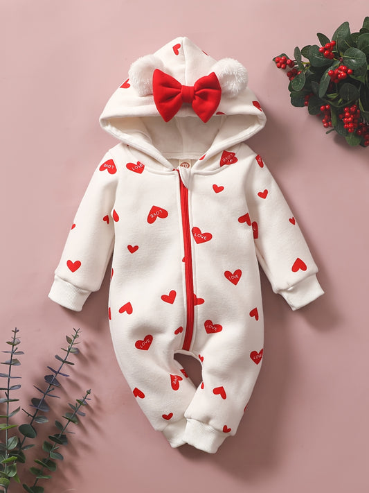 Toddler Baby Heart Print Long Sleeve Hooded Jumpsuit For Girls