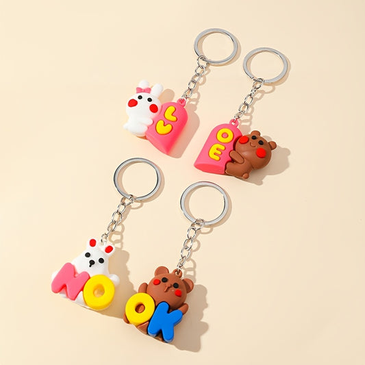 2pcs/set 3D Anime Creative Couple Bear Rabbit  Keychain Bag Car Key Accessories Gift