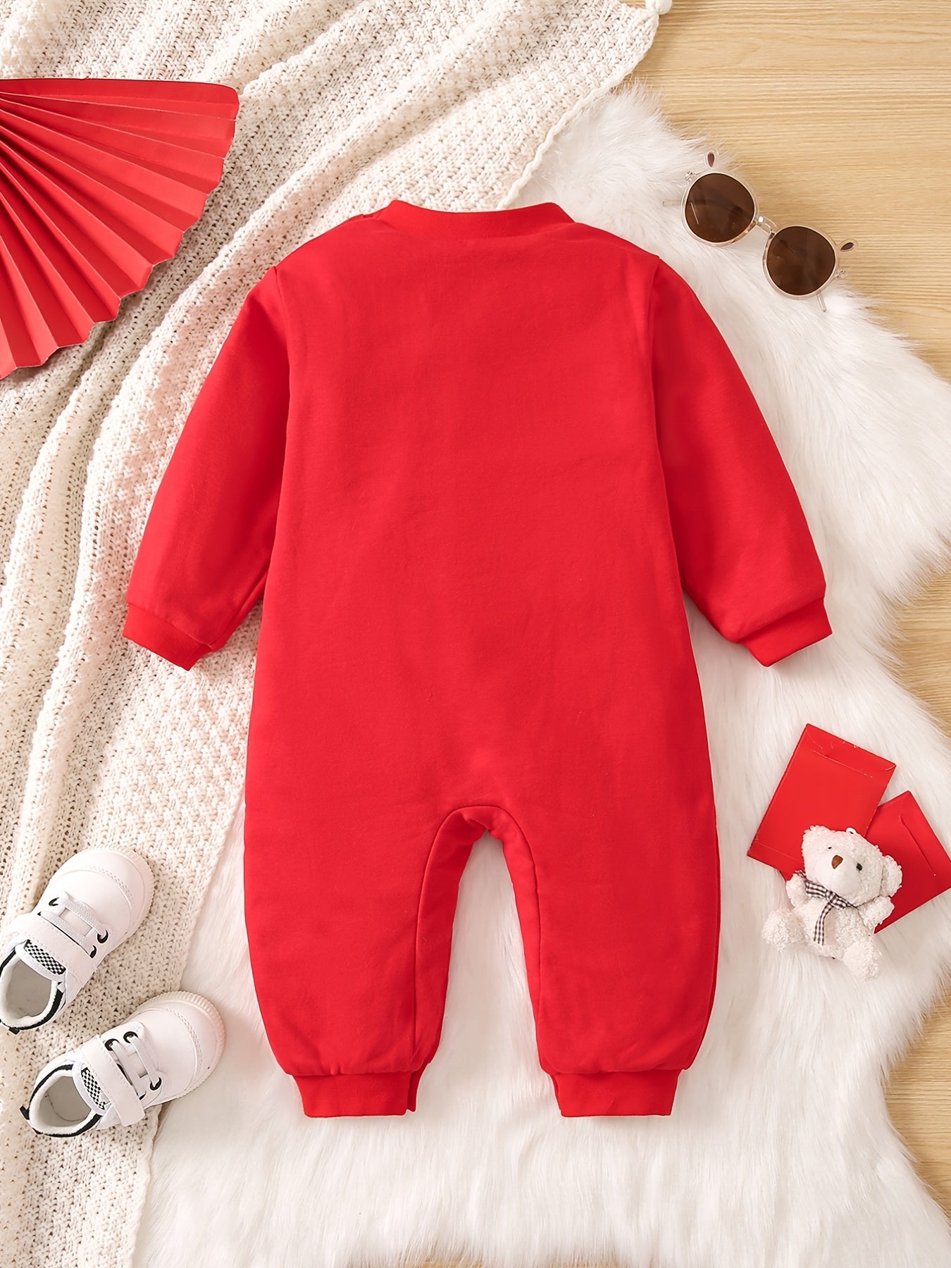 Baby Girls Cotton Thick Long Sleeve Jumpsuit With Chinese Knot Decor For Winter Chinese New Year Clothes