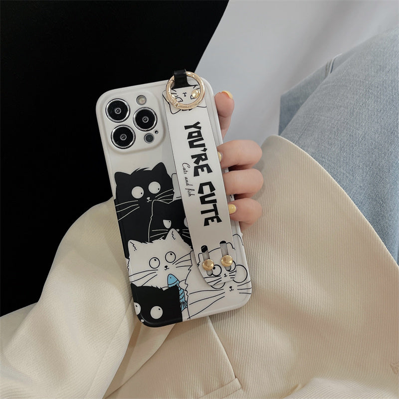 Curious Cute Cat Pattern Phone Case With Wristband