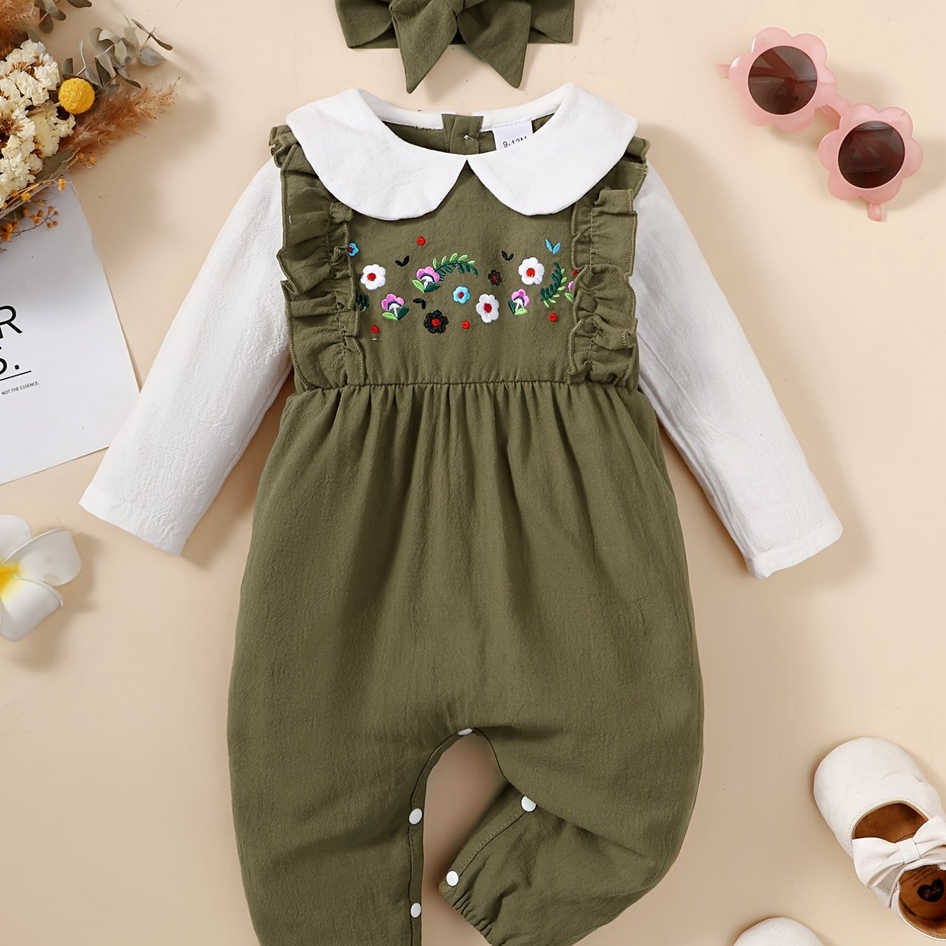 Newborn Infant Romper Flower Embroidery Long Sleeve Doll Collar Ruffle Jumpsuit & Headband For Baby Girls Kids Clothes