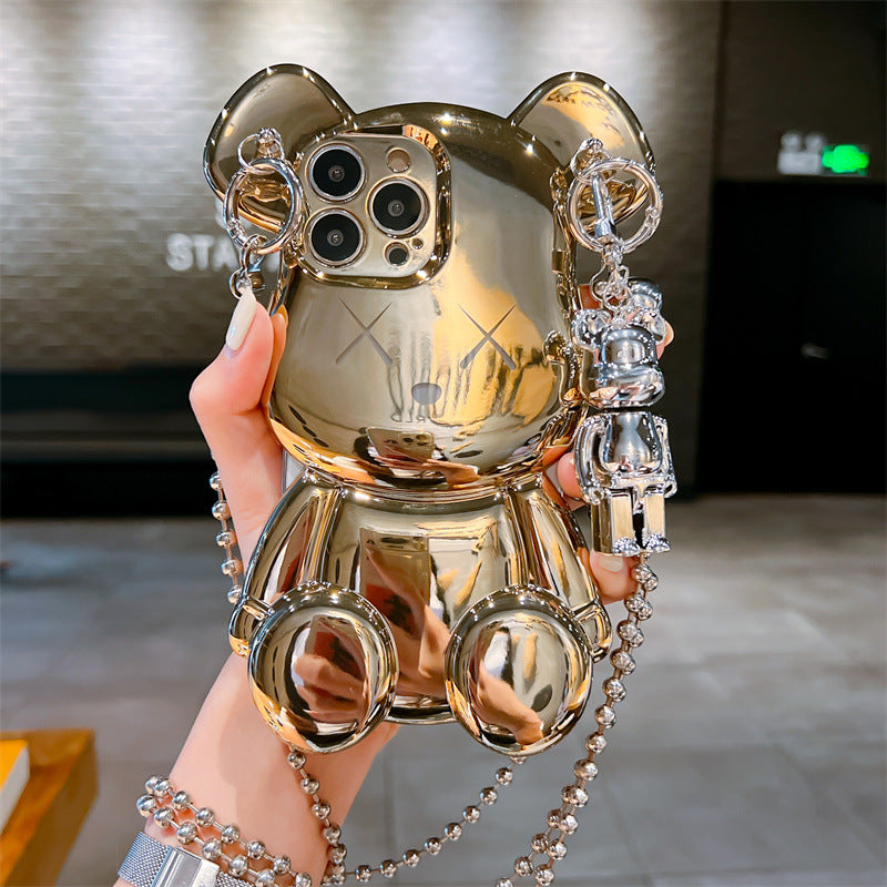 Cute 3D Cartoon Silver Goolden Teddy Bear Shaped Phone Case With Metal Chain Strap Bell Pendant