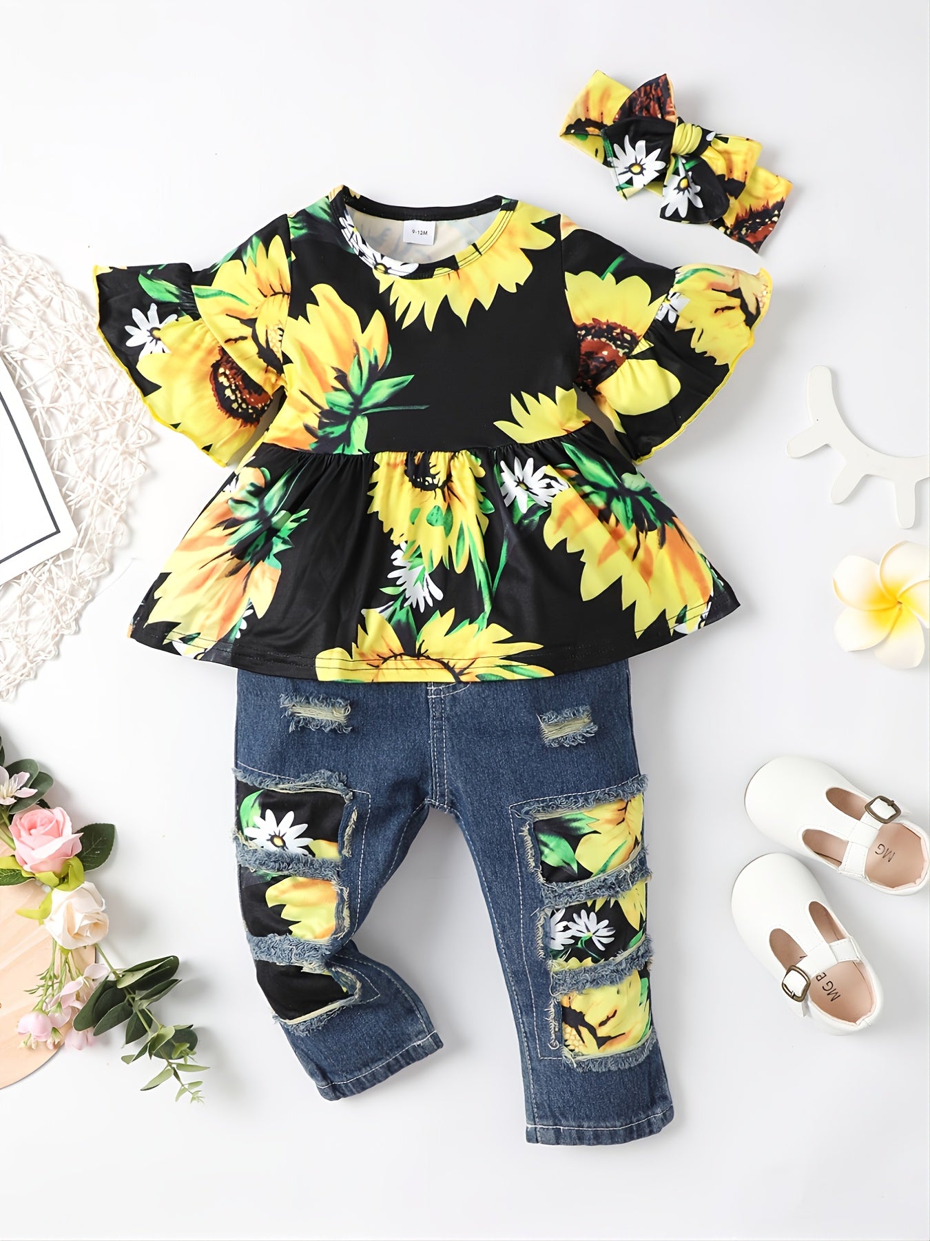 Baby Girls Top & Jeans & Headband With Sunflower Print Baby Clothes
