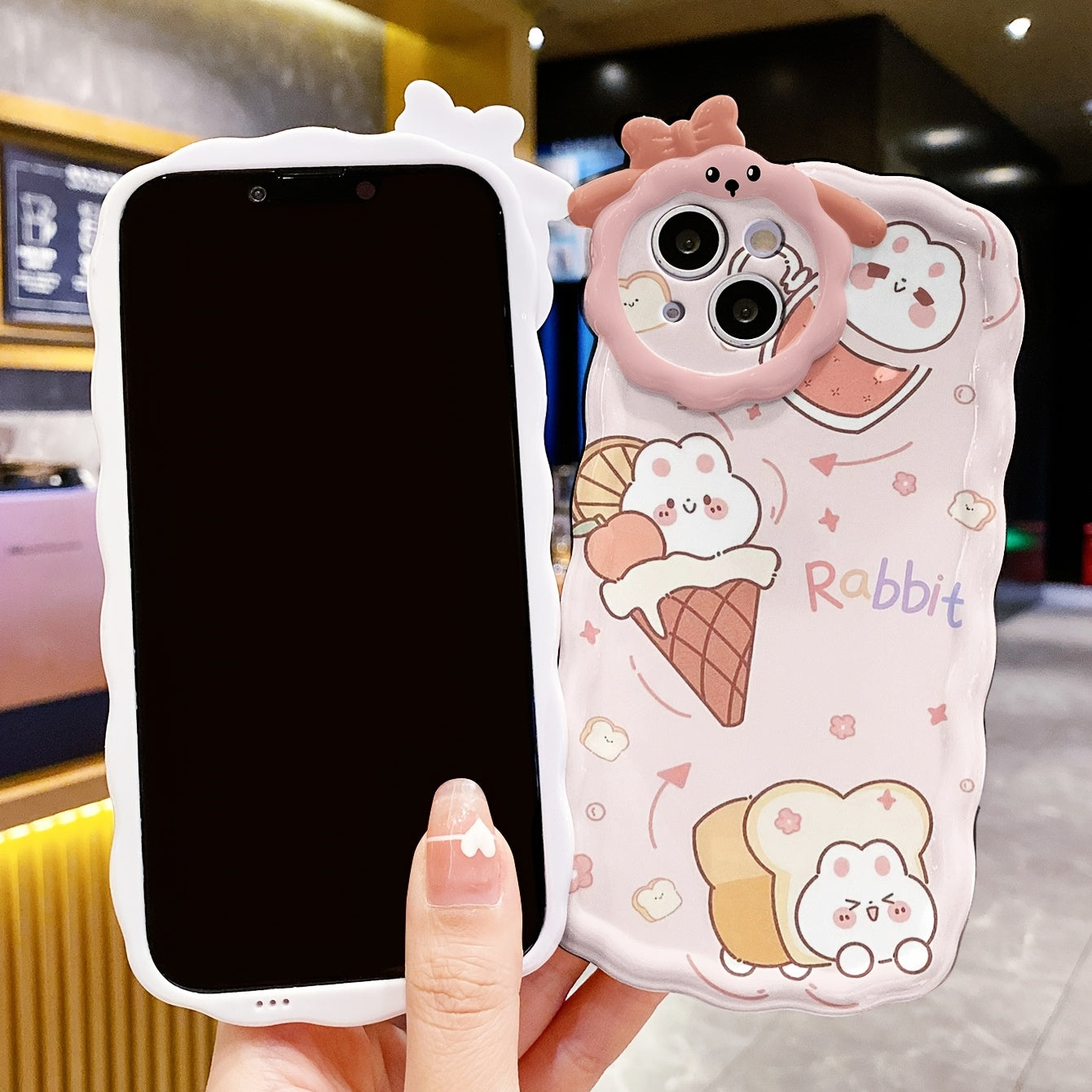 1pc Phone Case With Ice Cream And Rabbit Pattern, Cartoon Phone Case