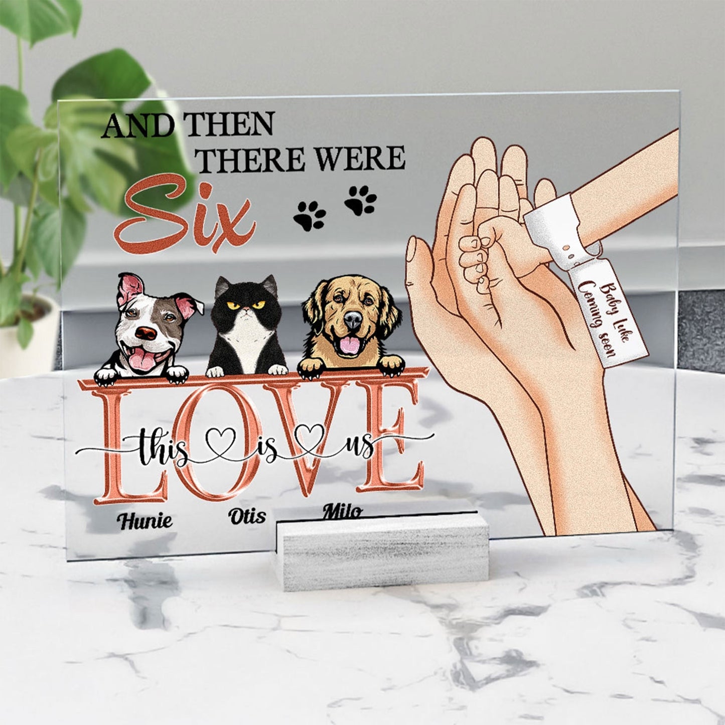 And Then There Were Six - Personalized Acrylic Plaque - Pregnancy Announcement, Father's Day, Newborn Baby Gift For Family, Husband & Wife, Dog & Cat Lovers