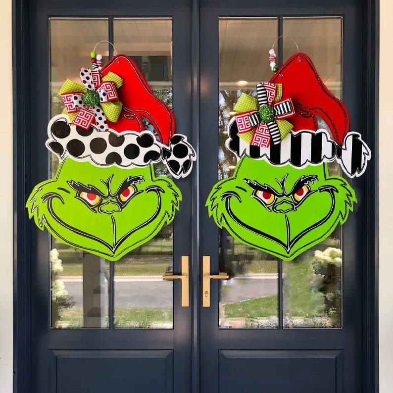 Christmas Decoration Wooden Door Sign Grinch Head Door Hanging Green Monster The Grinch Wreath ktclubs.com