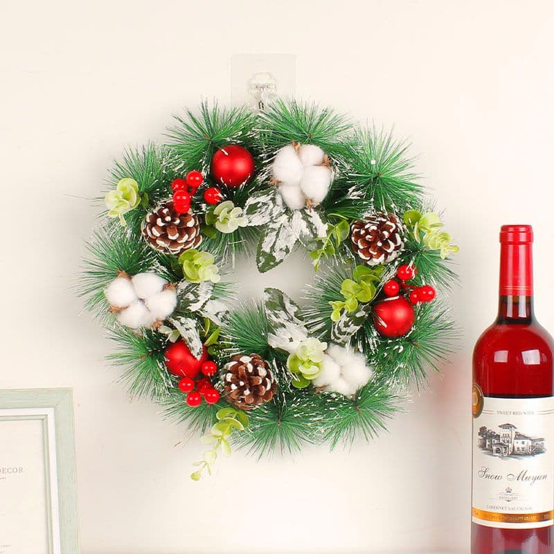 Christmas cotton pine cone wreath door wreath Christmas ball wreath window decoration props holiday cane wall hanging ktclubs.com