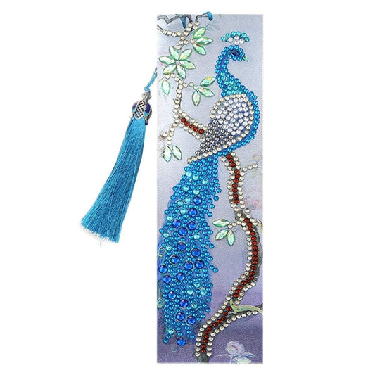 Diamond Painting Bookmark - Leather Tassel Blue Peafowl ktclubs.com