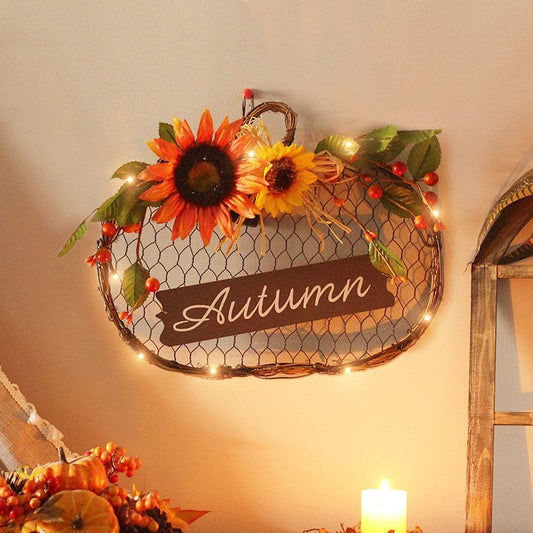 Harvest Halloween Home Decorations LED Autumn Sunflower Iron Mesh Wooden Plaque Simulated wreath ktclubs.com