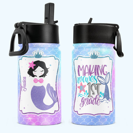 Making Waves In School - Personalized Kids Water Bottle With Straw Lid - Birthday, Back To School Gift For Kids, Daughter, Baby Girl, Little Mermaid