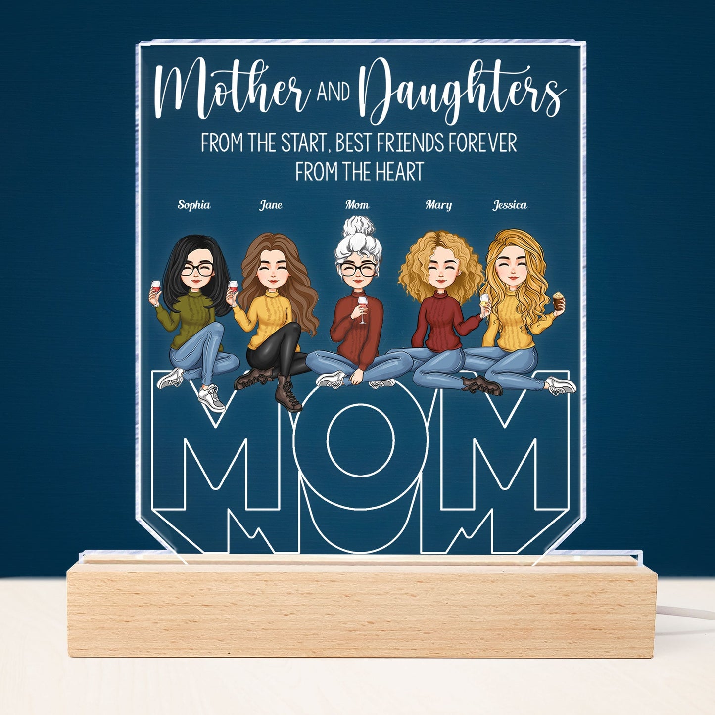 Mother And Children Best Friends Forever - Personalized Personalized 3D Led Light Wooden Base - Birthday Gift For Mom, Children, Sons, Daughters