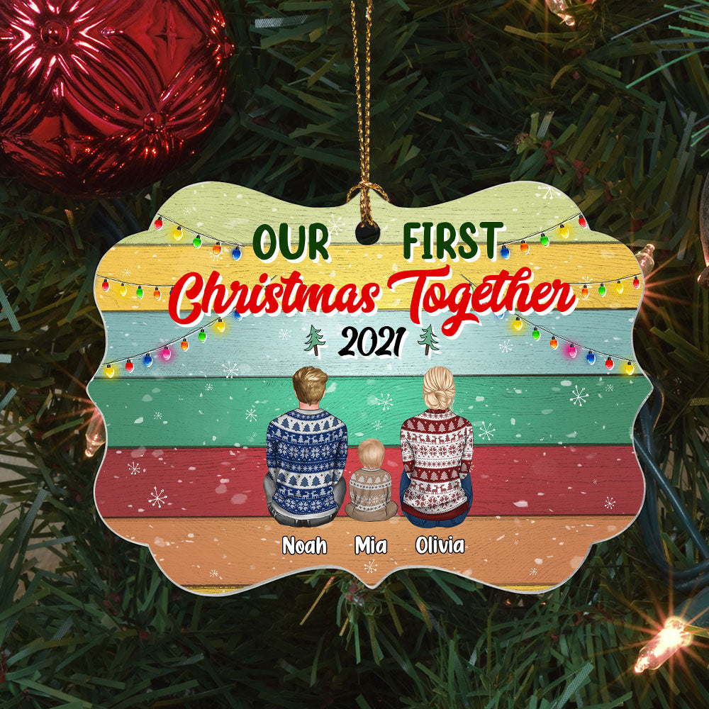 Our First Christmas Together - Personalized Aluminum Ornament - Christmas Gift For Parents With Newborn Baby - Ugly Christmas Sweater Sitting