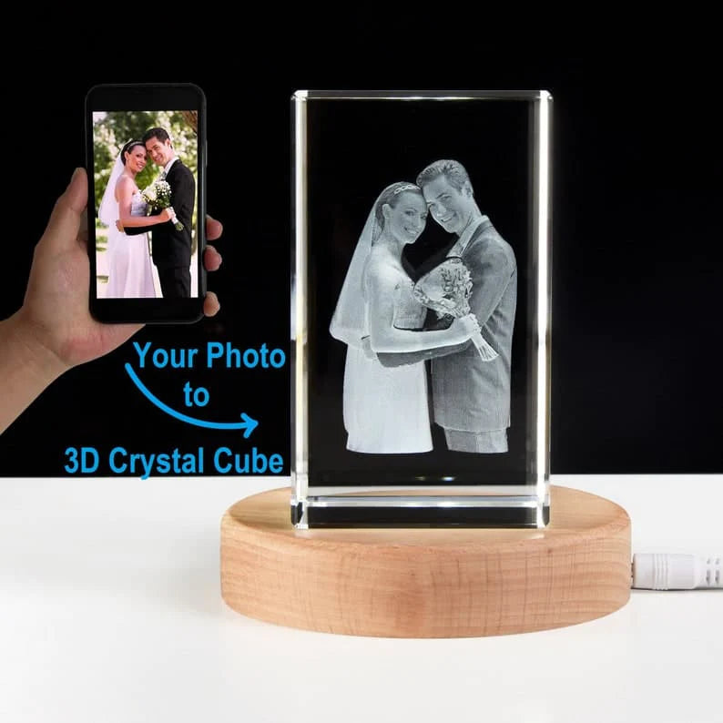 Personalized 3D Crystal Photo Gifts, Custom Crystal 3D Photo Cube with LED Base, Laser Engraved 3D Crystal Picture Block, Wedding Gift ktclubs.com
