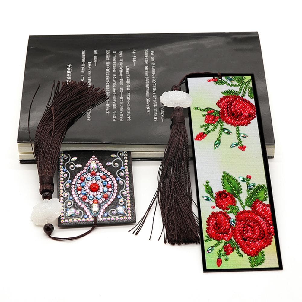 Tassel Red Flowers Leather DIY Special Shaped Diamond Painting Bookmark ktclubs.com