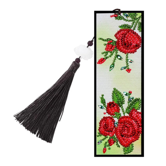 Tassel Red Flowers Leather DIY Special Shaped Diamond Painting Bookmark ktclubs.com