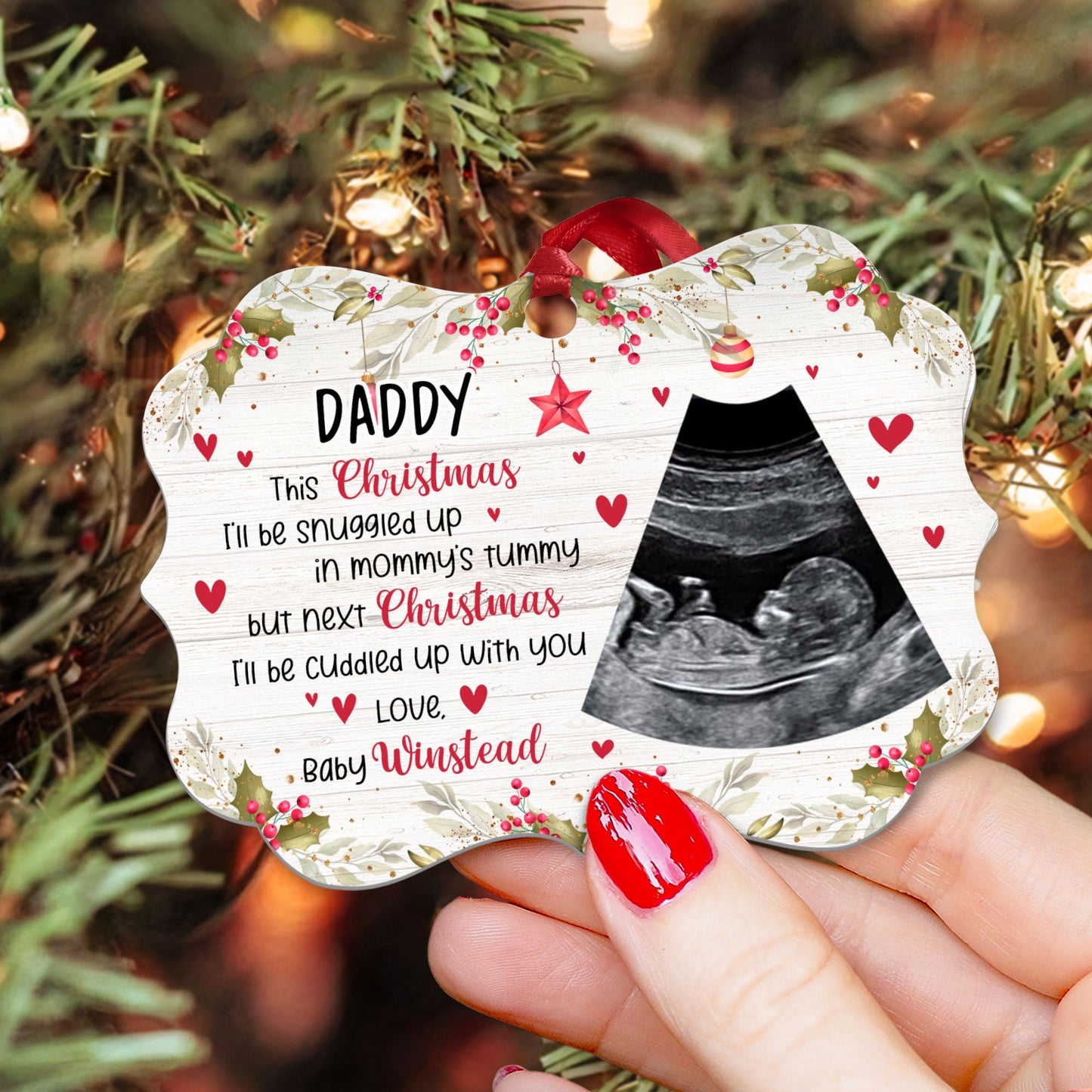 This Christmas, I'll Be Suggled Up In Mommy's Tummy - Personalized Aluminum Ornament - Christmas Gift For Daddy-To-Be, Father, Grandma, Grandpa, Family Members - From Baby, Bump
