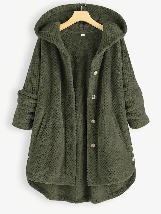 Plus Size Fuzzy Double Hoodie Coat, Women's Plus Solid Winter Coat Cozy Outerwear