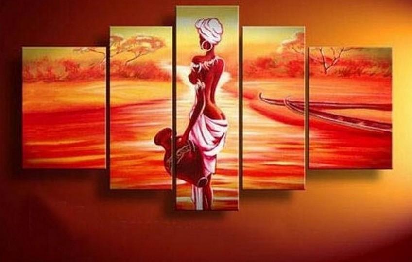 African Girl, Sunset Painting, Canvas Painting, African Woman Painting, 5 Piece Canvas Art, Abstract Wall Painting