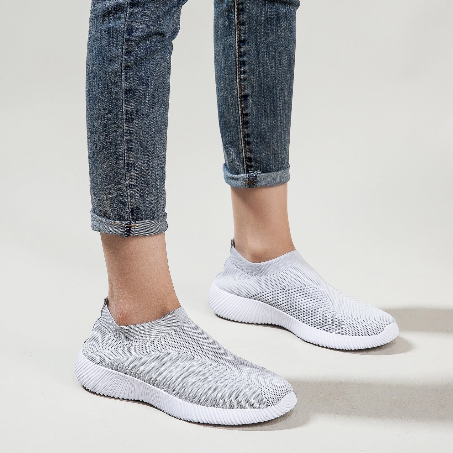 Women's Solid Color Casual Shoes, Lightweight Breathable Slip On Socks Shoes, Low Top Sneakers