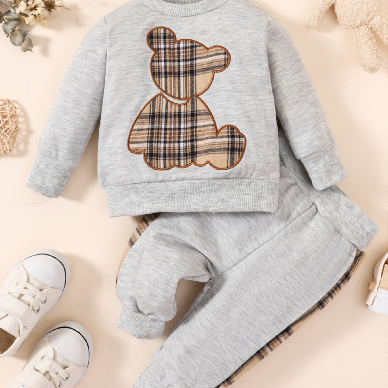 2pcs Toddler Baby Pullover Round Neck Long Sleeve Bear Embroidery Sweatshirt & Splicing Pant For Girls And Boys Kids Clothes