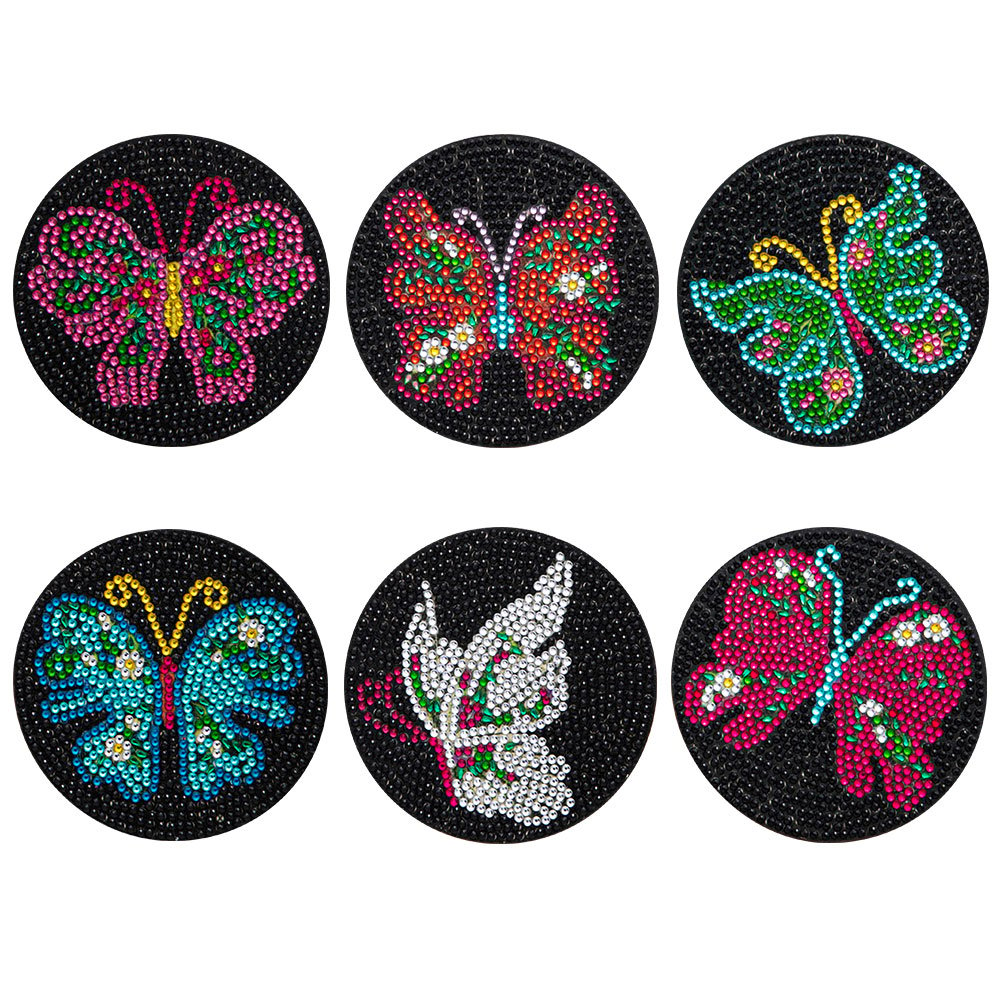 Coaster-DIY Diamond Painting Coaster Wooden 6 Butterflies with Mat Stand