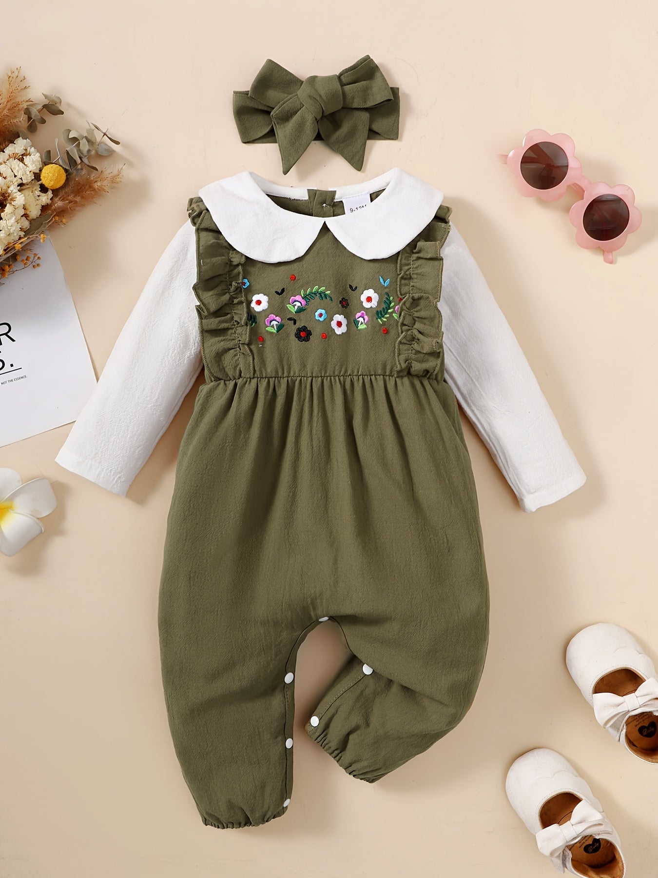 Newborn Infant Romper Flower Embroidery Long Sleeve Doll Collar Ruffle Jumpsuit & Headband For Baby Girls Kids Clothes