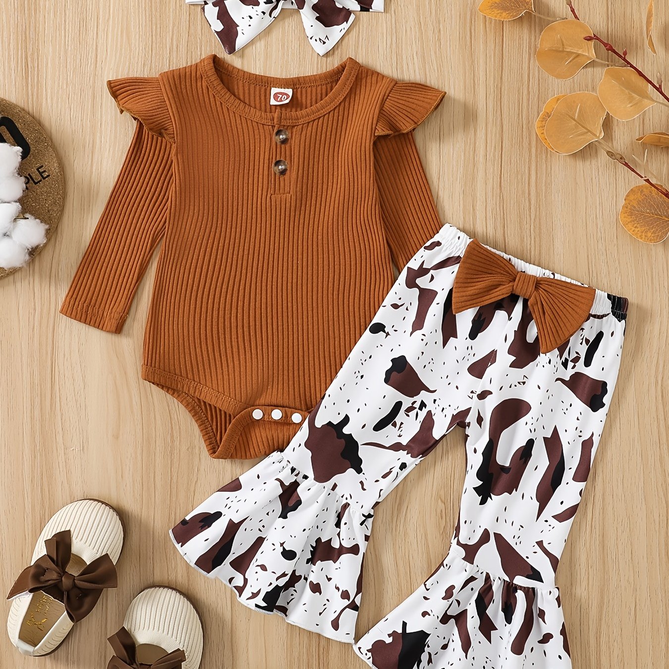 Baby Girls Ribbed Ruffle Long Sleeve Romper + Matching Bowknot Cow Print Flared Pants + Headband Baby Clothes Bodysuit Onesie Set