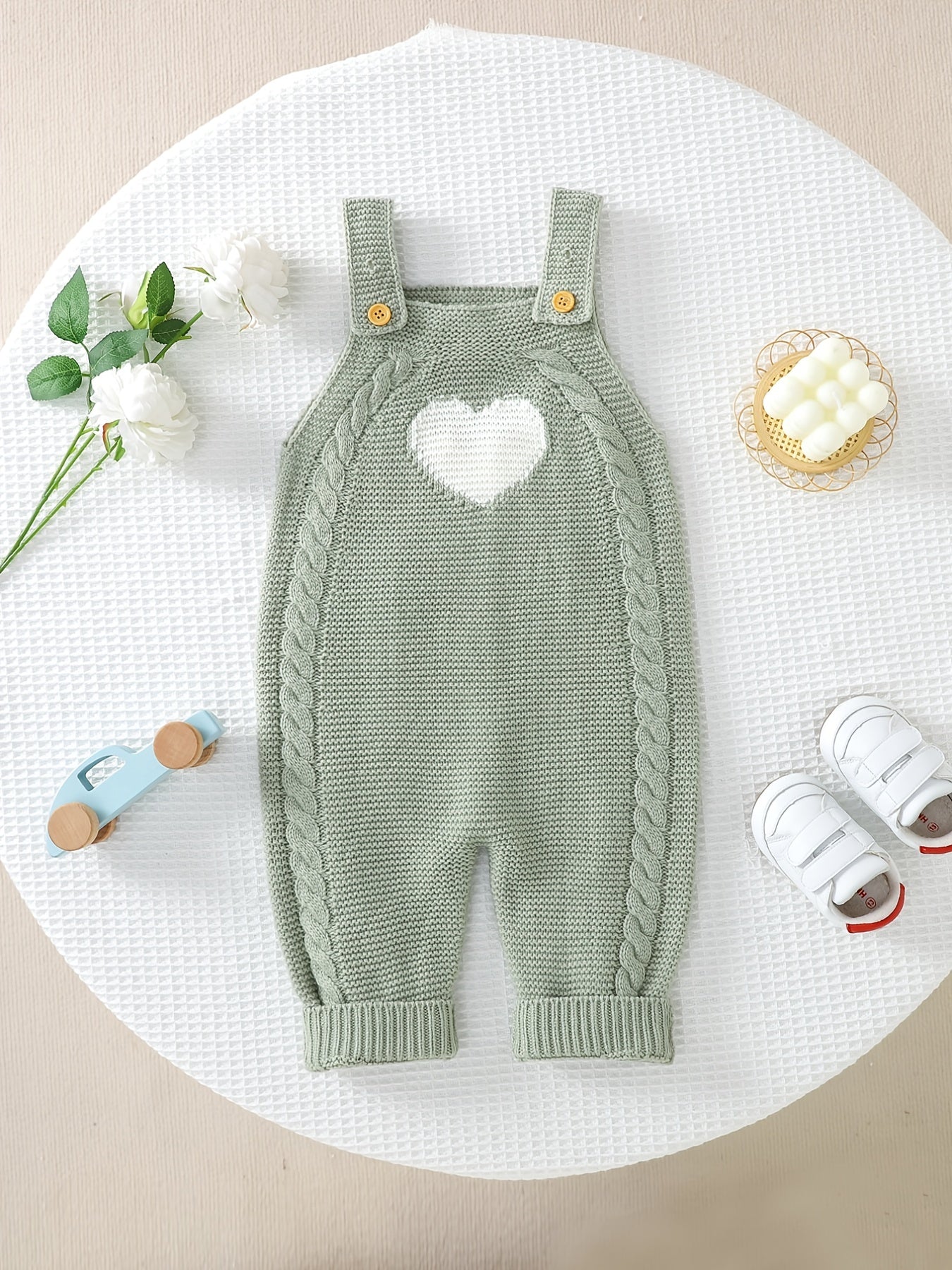 Unisex Baby Knit One Piece, Heart Pattern Overalls, Knit Bib Pants, Sleeveless Jumpsuit For Winter Baby Clothes