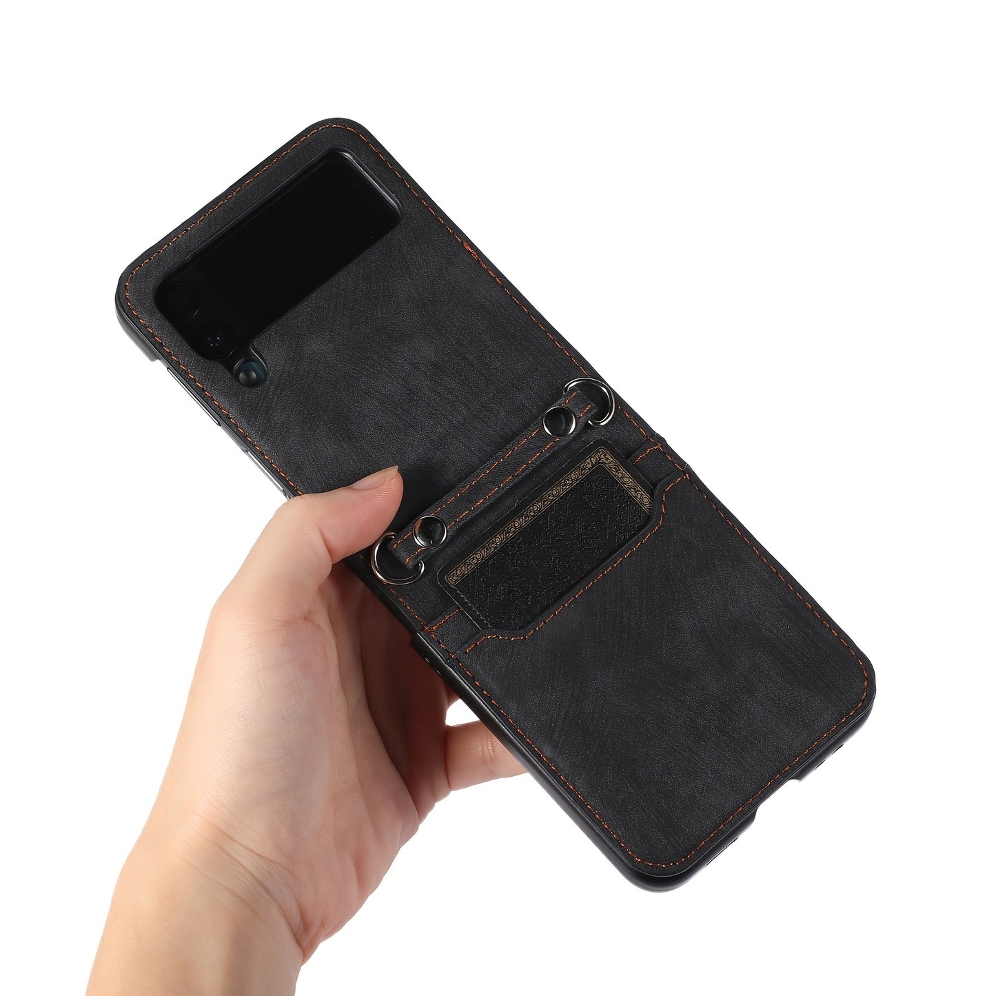 Applicable To Samsung Z Flip 4 Black Mobile Phone Case Folding Screen Full Bag Fall Proof Z Flip 3 Plug-in Card Lanyard Mobile Phone Leather Case