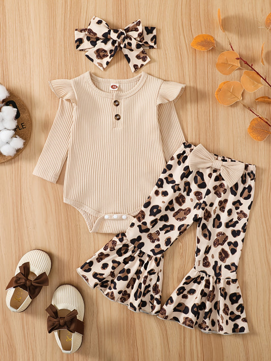 Baby Girls Ribbed Ruffle Long Sleeve Romper + Matching Bowknot Cow Print Flared Pants + Headband Baby Clothes Bodysuit Onesie Set