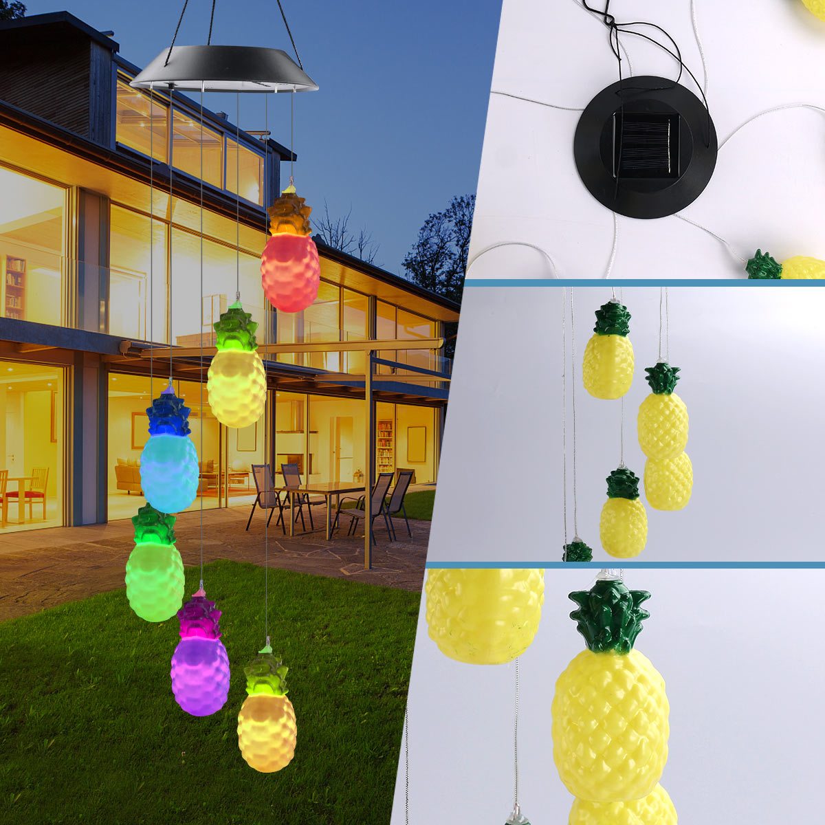 GANGES SA Solar Color Changing Wind Chime Hanging Lamp, Pineapples, Led Wind Chime Light, Festive Decoration For Courtyard, Garden And Patio