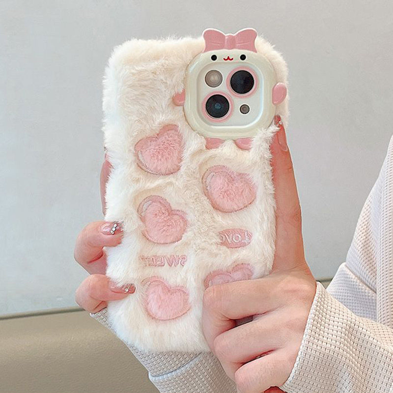 Plush Embroidered Heart Pattern Phone Case
