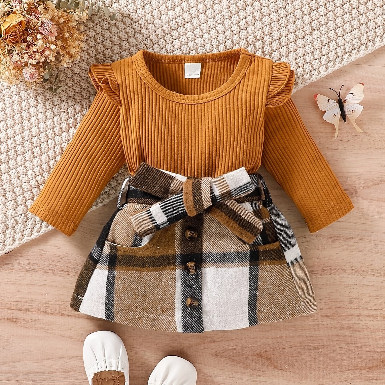 Baby Girls Ruffled Knitted Sweater & Plaid Bow Skirt Set For Winter
