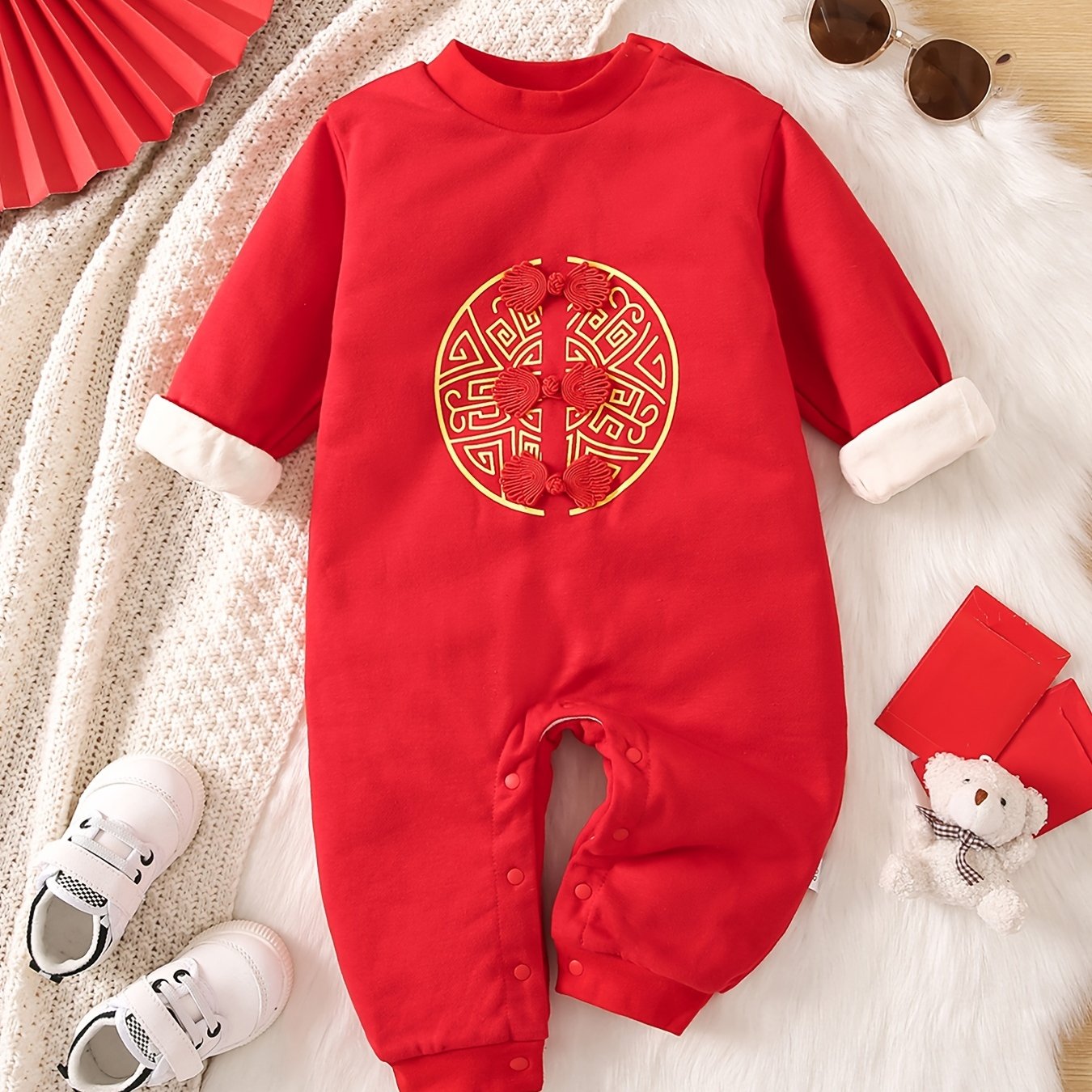 Baby Girls Cotton Thick Long Sleeve Jumpsuit With Chinese Knot Decor For Winter Chinese New Year Clothes