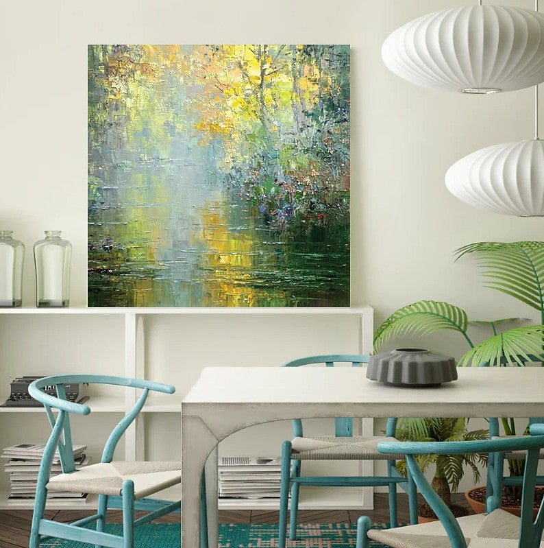 Abstract Landscape Painting, Forest Tree by the River, Landscape Canvas Painting, Simple Modern Wall Art Paintings for Living Room, Large Landscape Paintings