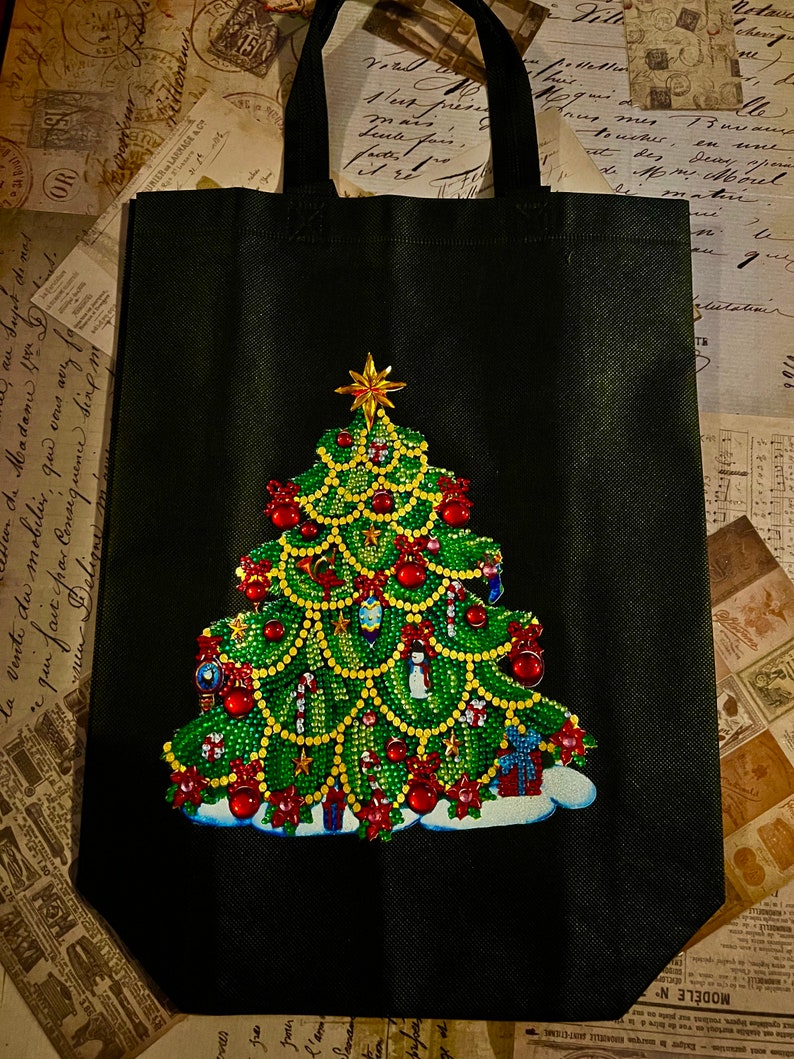 Hand Embellished, Christmas Gift Bag, Christmas Tree, Canvas Tote Bag, Shoulder Bag, Gift Bag, Shopping Bag, Diamond Art