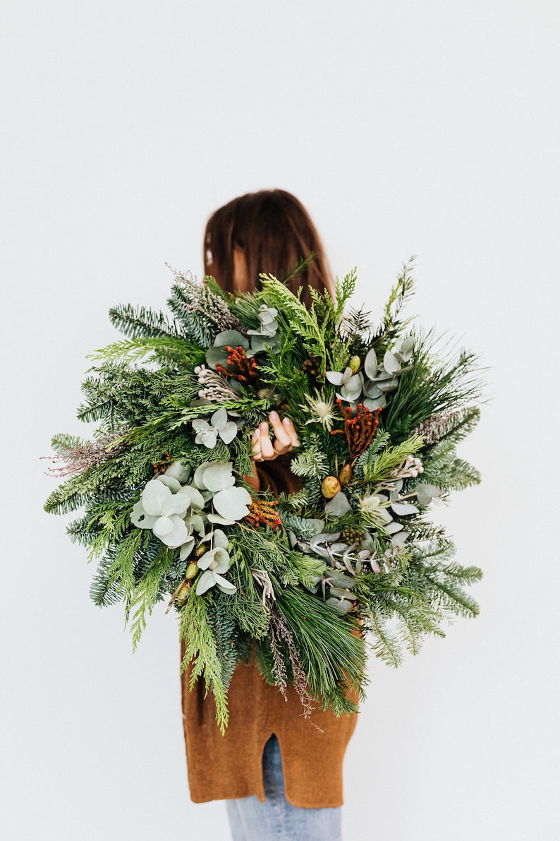 Christmas Wreath with Fresh Real Eucalyptus, Juniper, Pine, Mushrooms, Sea Holly for Winter. Handmade in Ojai with Zero Pesticides