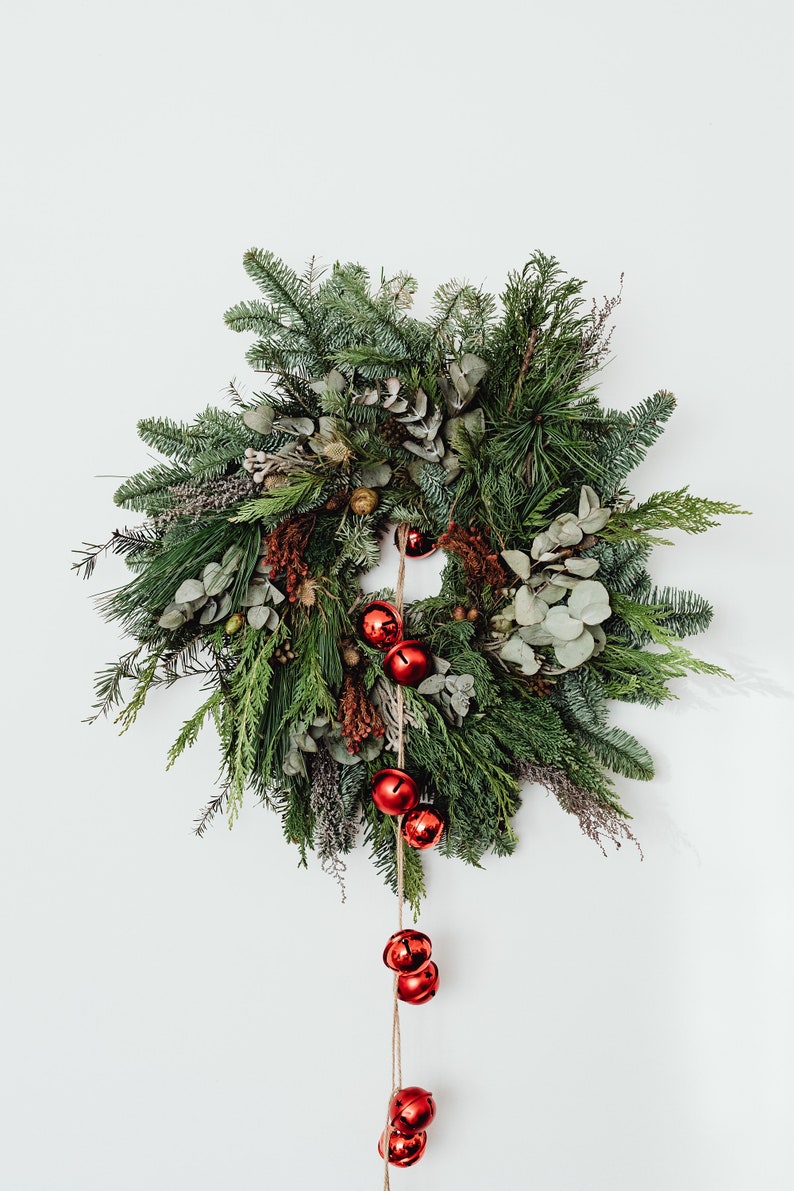 Christmas Wreath with Fresh Real Eucalyptus, Juniper, Pine, Mushrooms, Sea Holly for Winter. Handmade in Ojai with Zero Pesticides