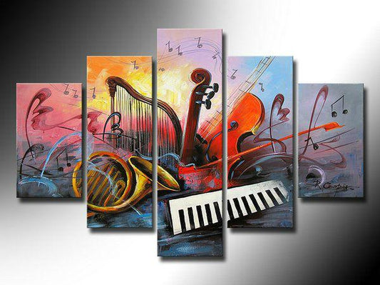 Music Painting, Modern Paintings for Living Room, Abstract Acrylic Painting, Violin, Saxophone, Harp, 5 Piece Abstract Wall Art Paintings