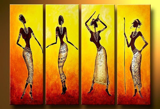 African Girl Painting, 4 Piece Canvas Art, African Woman Painting, Abstract Figure Painting, Abstract Paintings for Bedroom